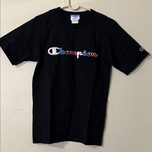 Champion men’s Black Tee with Multicolor Logo Size Small